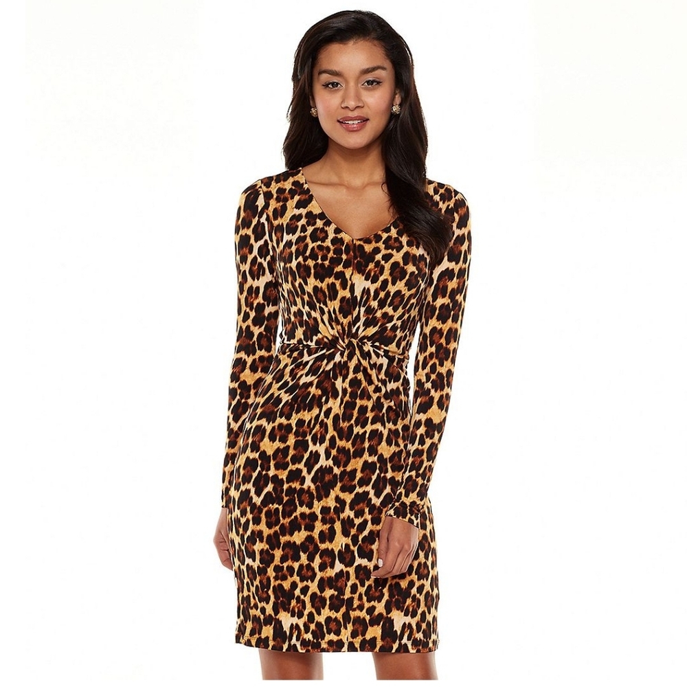 Jennifer Lopez Leopard Twist-Front Sheath Dress Size M